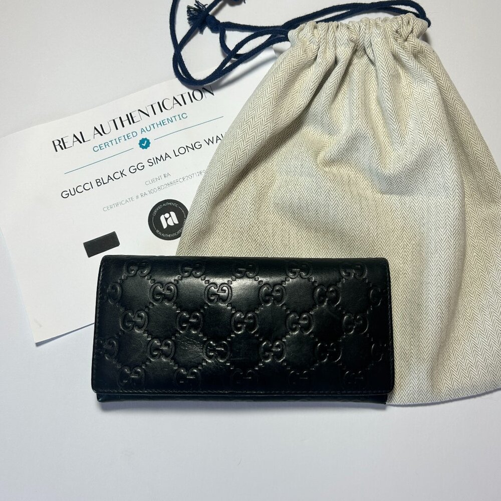 Gucci Wallet GG Sima Guccissima Black Leather Long Continental COA + Dustbag VTG